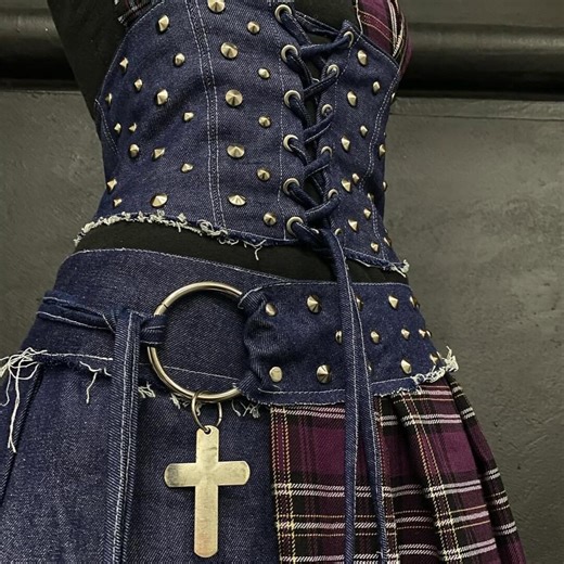 Studded Denim Corset and Y2K Pleated Mini Skirt Set - Gothic Lacquered Corset Top, Purple Plaid Mini Skirt, Revisited Alt E-girl Aesthetic - Etsy