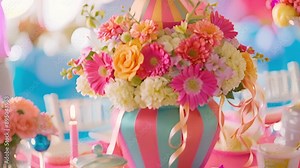 A centerpiece in the shape of a miniature circus tent adorned with cascading flowers and ribbons adds a charming focal point to the party table.