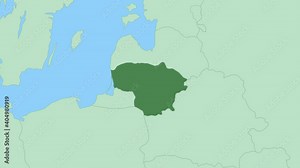 Map of Lithuania with pin of country capital. Lithuania Map with neighboring countries in green color.
