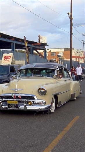 Classic Chevy Old School LOWRIDER adjusting the height of the suspension with airbags, cruising in Downtown Los Angeles, California! 🏙️ | Skid Society