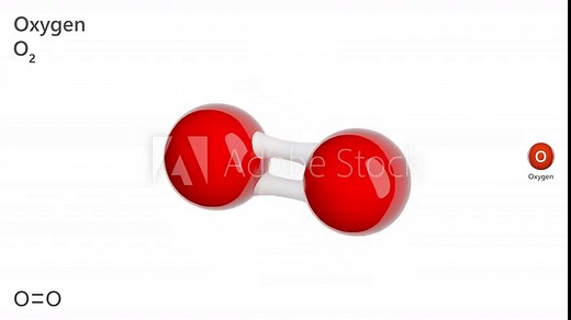 Oxygen. Gas. Animated 3D model of a molecule. Molecular formula: O2. Chemical model: Ball and sticks. White background. 3D rendering. Seamless loop.