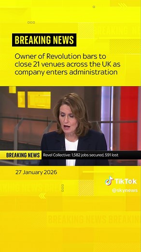 BREAKING: The owner of Revolution bars will close 21 venues across the UK as the company enters administration. #skynews #hospitality #uknews