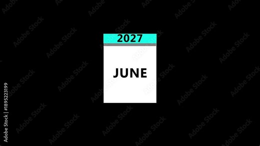 2027 animated calendar with month flipping pages, showing passing time. Shot of the month on flip calendar clock