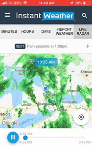 ***The 1pm rain forecast is for Barrie as that’s my personal location, highlighted by the blue circle marker*** Non-severe thunderstorms (besides lightning, of course), will continue through the region today. Torrential rain, lightning, perhaps pooling, etc. What are you experiencing? - Adam P.S. This is a video capture from our upcoming free app Instant Weather! To get notified when it’s ready for you, sign up at https://InstantWeatherApp.com