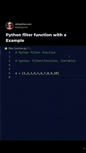 allinpython on Instagram: "Python filter function with example ✨ Follow for more @allinpython Support @allinpython Collaboration @allinpython @pythoncoder2.0 #python #filter #function #with #example #allinpython #pythondeveloper #pythonprogramming #pythonlearning"