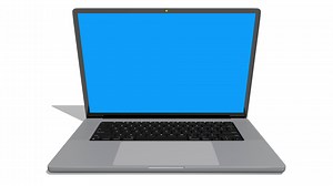 Intro video of aluminum laptop seen from the front on a white surface opens and the camera zooms in on the blue screen. 3D Animation