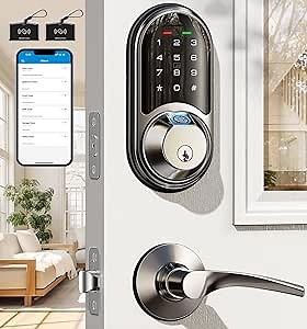 Veise RZ07B Smart Locks for Front Door, 2 Lever Handles, Fingerprint Keyless Entry, App Control Biometric Door Lock Set, Touchscreen Keypad Deadbolt, Easy Install, Auto Locking, Satin Nickel