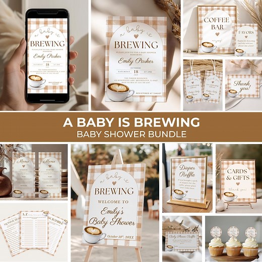 A Baby is Brewing Baby Shower Bundle, Coffee Theme Baby Shower Decor, Editable Cafe Latte Invitation, Signs, Favor Tags, Game Templates - Etsy