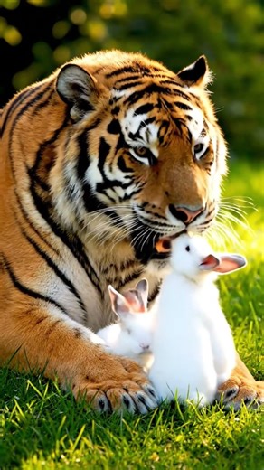 Tiger kissing to rabbits