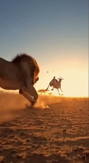 A lion chasing a gazelle across dry plains, captured in dramatic slow motion.