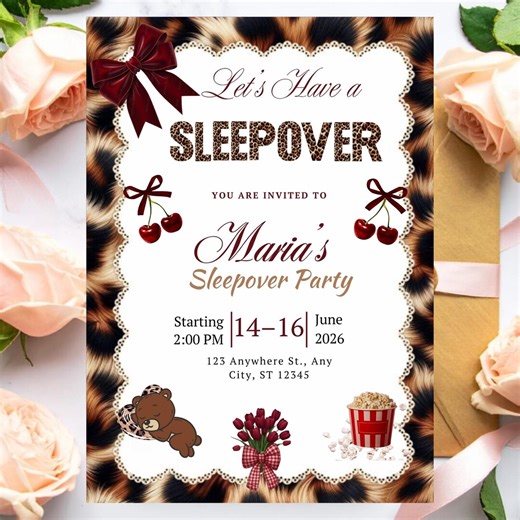 Leopard Cherry Sleepover Invitation | Girls Slumber Party (digital Canva Template) - Etsy
