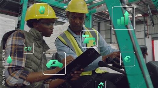 Alert icon appearing, pair consulting tablet, pointing and checking controls, confirming metrics