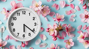 Spring time, spring ahead, time, time passing, hours, wall clock spinning animation through the hours on a spring time themed background