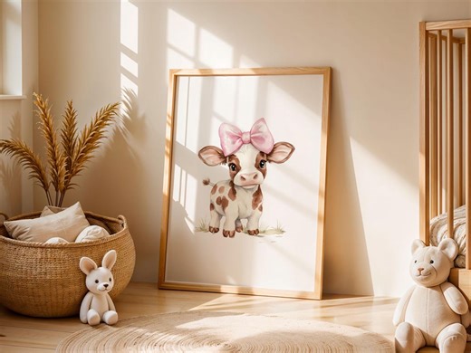 Baby Cow Nursery Wall Art, Pink Bow Farm Animal Print, Girl Nursery Decor, Cute Farmhouse Nursery Art - Etsy