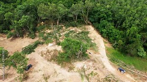 Aerial drone view of deforestation of a tropical rainforest...Deforestation is one of the biggest conributors to man-made climate change and loss of habitat.