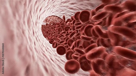 A captivating 3D animation illustrating the dynamic flow of numerous red blood cells through a microscopic human blood vessel highlighting the essential process of oxygen delivery and nutrient transp.