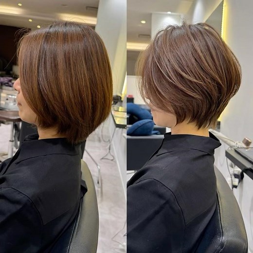 軽い前下がりショートボブお任せください😊#丸みショート #美容師 #40代ショート #ショート #ビフォアーアフター #手入れが楽 #くびれ #白髪ぼかし #銀座 #ショートカット #shorts