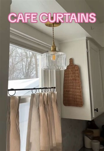 @TWOPAGES kitchen window finally coming to life! I almost had to make this 2 parts but SO excited to see the transformation done so fast! I waited too long to change this pendant light! The quality of these café curtains is insane, and they lay so perfectly! Paired with the light from Amazon and my clearance, Hobby lobby, decor, I’m a happy girl! ✨ #cozyathome #thrift #thriftedstyle #twopagescurtains #diy