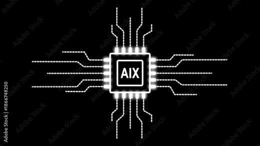 Digital motion graphics of a CPU microprocessor with AIX text symbol and electronic network lines for global information protection and online safety.