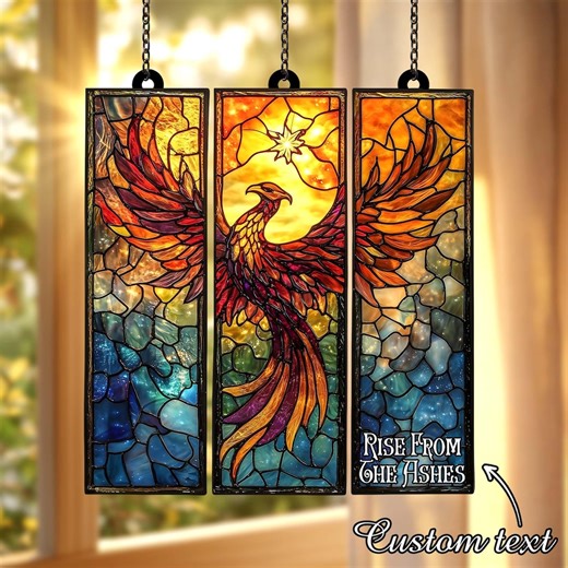 Set 3 Panels Phoenix Acrylic Suncatcher , Faux Stained Glass Fire Bird Window Hanging With Custom Text, Inspirational Gift - Etsy UK