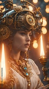 The beautiful woman with a steampunk style headpiece decorated with intricate gears and glowing blue stones stands out against the warm, light backdrop