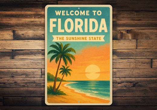 Welcome to Florida Metal Sign – the Sunshine State Wall Art, Retro Beach Sunset With Palm Trees - Etsy