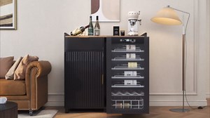 Bar Cabinet with Fridge Space&Fluted Door, Blue Mini Fridge Cabinet | Modern Sideboard Buffet Cabinet with Wine Storage, Coffee Bar Cabinet for Dining Room, Living Room, Kitchen