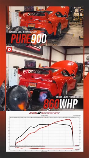 Pure Turbos on Instagram: "Our friends at @cesmotorsport are back at it again with that same 45th Anniversary Supra, this time putting that same magic 🪄 But on E85!🌽 Equipped with our B58 (Gen 2) Pure900🚀 this build is running some insane numbers on stock engine! 📈 860WHP / 716TQ on E77🌽 [ Mods/Build Details: ] - Stock Engine/Transmission - @pureturbos Pure900 w/ T51R Mod - @cesmotorsport 4” P900 Intake - @burger_tuning Charge-pipe w/ BOV - @do88performance Intercooler - @do88performance Co