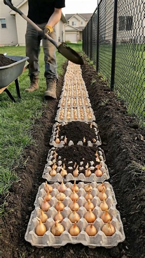Planting Onions Using Egg Cartons in the Backyard