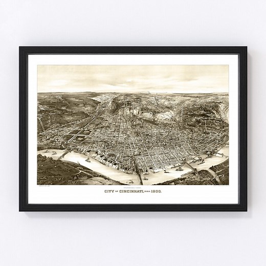 Cincinnati Map 1900 - Old Map of Cincinnati Ohio Art Vintage Print Framed Canvas Bird's Eye View Portrait History Genealogy Farmhouse Décor - Etsy