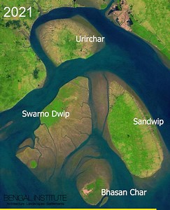 BI/GRU RESEARCH LOGS: MAPPING THE MEGHNA RIVER ESTUARY PART 2: SANDWIP, URIRCHAR, SWARNO DWIP, AND BHASAN CHAR The coastal region of the Bengal Delta, especially where the Meghna River forms an estuary with the Bay, is one of the most dynamic terrains in the world. Island-forms in or near the estuary are constantly being shaped and reshaped by a complex movement of rivers, tides, and sediments. A new mapping of Sandwip Island and its surroundings displays this astounding transformation in a shor