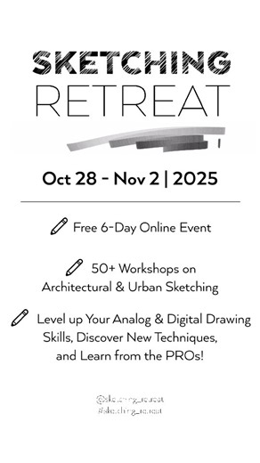 You’re invited! 🎉 50 Free Drawing Workshops ✏️ Join Sketching Retreat 2025 — a 6-day online event packed with workshops on architectural sketching, perspective, watercolor, and digital drawing. Learn from pros, connect with creatives worldwide, and level up your skills — all for FREE! 🌍🎨 🗓️ October 28 – November 2, 2025 🎟️ Save your free spot via the LINK IN PROFILE or go to: sketchlikeanarchitect.com/retreat @david_drazil @sketching_retreat #SketchingRetreat2025 #SketchLikeAnArchitect #Arc