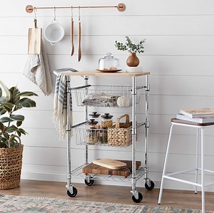 [Hot Item] 3-Tier Metal Basket Storage Units with Wood Utility Trolley Rolling Cart