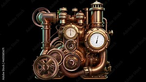 Steampunk Metal Engine With Copper Pipes And Pressure Gauges. Animation On The Theme Of Steampunk, Production And Machines, History And Relics.