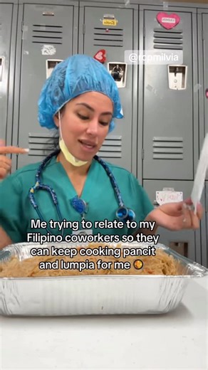 Milvia Alvayero on Instagram: "Please someone adopt me I’m tired of horchata filled lies 😂 the lumpia and pancit always fills my heart full of joy we always appreciate the titas and Tito’s filling our heart and bellies full of amazing Filipino food. Send this to your Filipino bestie. #relatable #healthcarehumor #filipino #filipinonurse #pancit #lumpia"