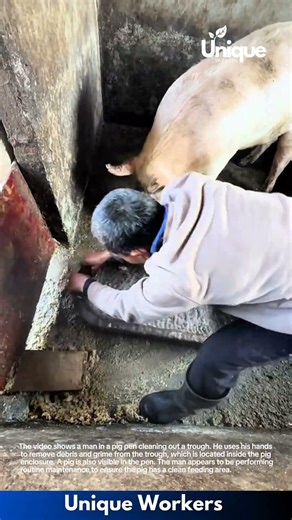 Cleaning Pig Pen: Man Cleans Out Trough in Pig Enclosure
