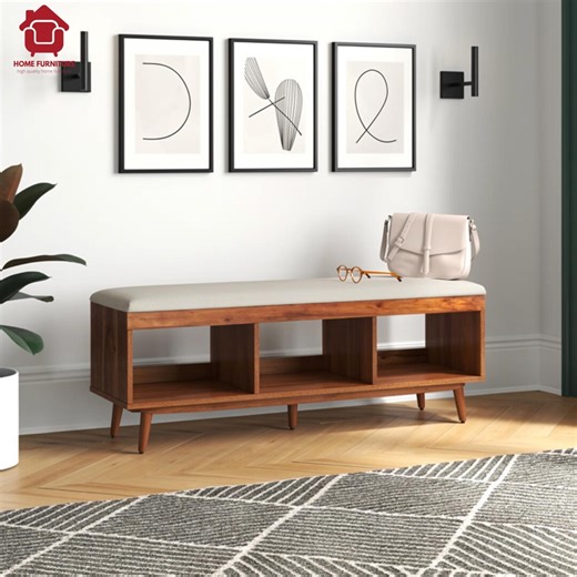 Retro Mahogany Linen Upholstered Storage Bench With 3 Open Cubbies - Etsy