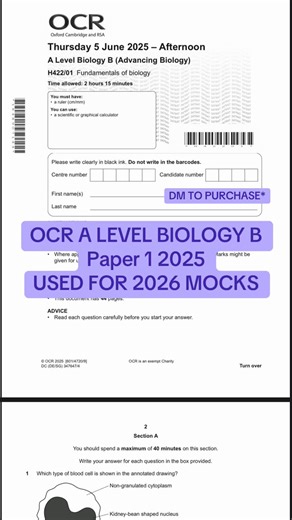 OCR a level biology B paper 1 2025 #ocrbiology #ocralevelbiologyapaper1 #biologypaper12025 #ocrbiologybpaper1 #ocrpaper1biology
