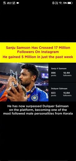 Sanju Samson’s fandom after T-20 📉 #cricketshorts #sanjusamson #instagram
