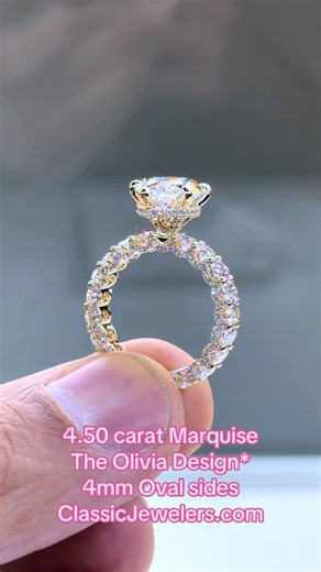 The Olivia is a famous design incorporating 4.00mm Oval Brilliant side lab grown diamonds with round pave accenting every curve. Ordered with a 4.50 carat Marquise Brilliant. Available by order online. #labgrowndiamond #labdiamonds #labgrowndiamonds #labdiamond #fyp