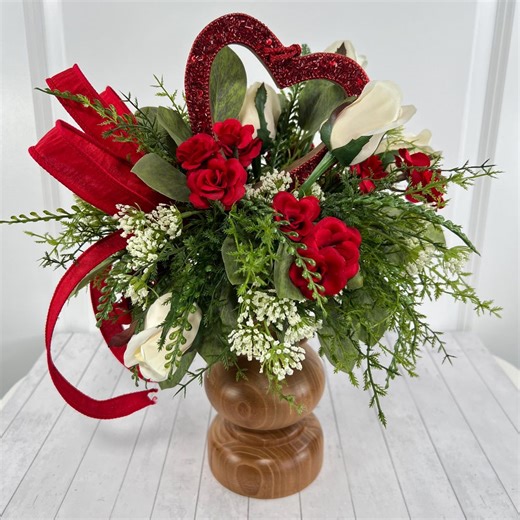 Romantic Red Floral Centerpiece | Rose Valentine’s Day Home Decor | Elegant Pedestal Candlestick Arrangement | Heart Theme Table Top Decor - Etsy