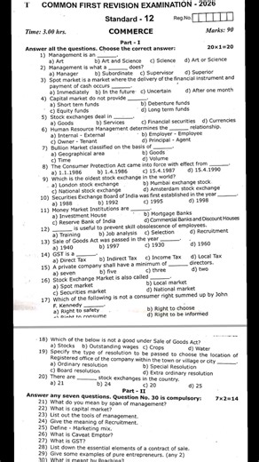 12th Commerce First Revision Exam Original Question Paper 2026 #revisionexam2026 #originalquestion