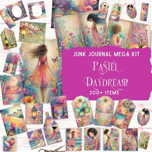 Pastel Daydream Junk Journal Kit, Printable Folio Pocket, Whimsical Floral Ephemera, Colorful Digital Scrapbook Paper - Etsy