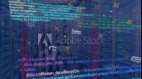 On telemetry spike server racks showing code overlays, hex nodes pulsing to show active processes