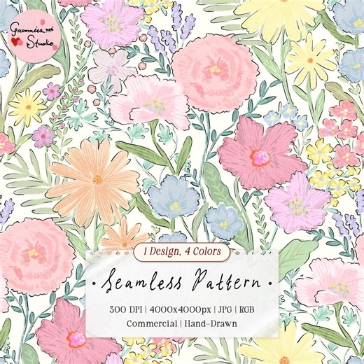 Pastel Wildflowers Seamless Pattern | Hand Drawn Cottage Meadow Flowers Digital Paper | Nursery, Gift Wrap, Fabric, Crafts, Commercial Use - Etsy