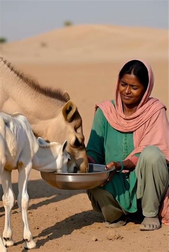 Camel and Baby Enjoying Water, Woman Nearby الجمل وصغيره يستمتعان بالماء، والمرأة بجانبهما