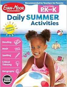 Evan-Moor Daily Summer Activities, Grades PreK-K Workbook, Stickers, Prevent Learning Loss, Reading, Writing, Math, Alphabet, Letter Recognition, Numbers, Counting, Shapes, Colors, Learning Fun