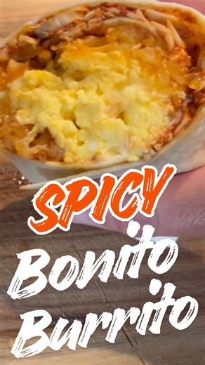 The Fishing Foodie on Instagram: "Spicy Bonito Breakfast Burrito Ingredients: Bonito (substitute any fish), Pork Chorizo, 2 Eggs, Hashbrowns, Shredded Cheese, Flour Tortilla Recipe: 1. Brown hashbrowns in an oiled pan 2. Season bonito with salt, garlic powder, cayenne pepper 3. Sizzle some pork chorizo and place bonito on top. 4. Cook very shortly making sure not to overcook. 5. Whisk 2 eggs with sour cream and salt and cook until scrambled. 6. Place shredded cheese on top and fold in. 7. Place 