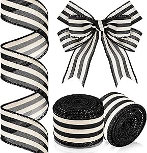 Moukeren 2 Rolls Black and Cream White Stripe Wired Edge Ribbon Halloween Rustic Ivory Boho Black and White Ribbon for Christmas Party Gift Wrapping Bow DIY Craft Home Decor(1.5 Inch, 20 Yard)