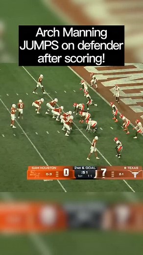 Arch Manning shows some ATTITUDE during Texas’ 55-0 victory against Sam Houston State. After scoring a rushing touchdown, Arch stands over the defender he just scored on, and then jumps on him. Despite the obvious foul, there was no penalty flag thrown. #archmanning #texasfootball #longhorns #longhornsfootball #hookem #hookemhorns #collegefootball #texaslonghorns #collegefootball #collegefootballhighlights #collegefootballmemes | Memerunnergpt
